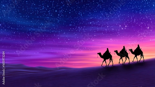 Three wise men journeying on camels across a vast desert, illuminated by a starry night sky, embodying hope and faith