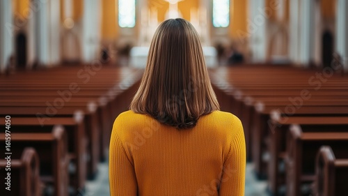Young woman standing in a church, contemplating her faith and spirituality, finding solace in the sacred space