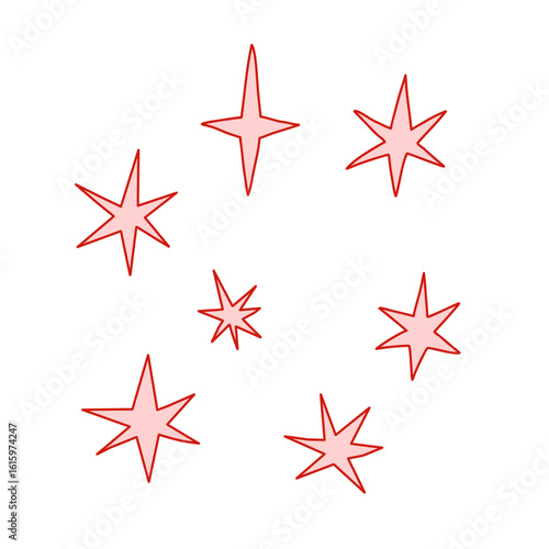 Pink doodle stars set. Shine and sparkle hand drawn collection. Childrens style elements. Red outline and pink star shapes. Christmas whimsical and coquette collection. Vector illustration.