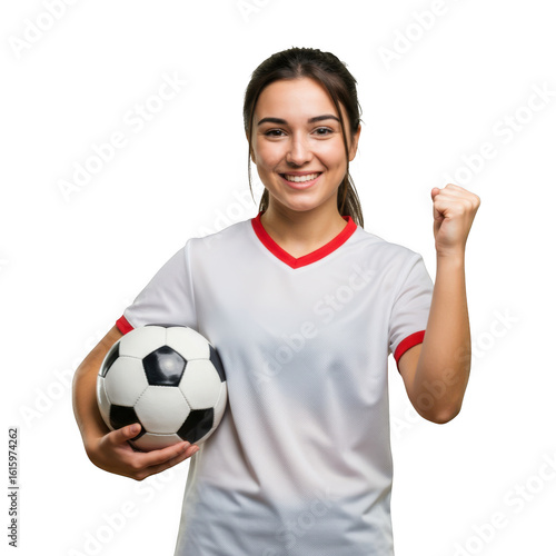 Joyful young woman soccer player holding a ball and celebrating victory isolated on transparent background