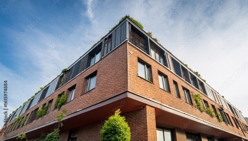 Fototapeta premium perspective view of modern building with brick facade and green roof