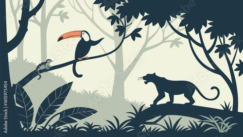 Vector  illustration of a toucan and small bird on a branch with a panther in a jungle environment scene