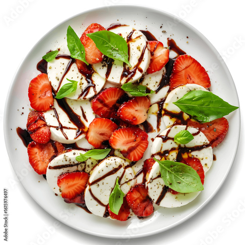 Caprese with strawberries, gastronomic freshness with an Italian accent. Classic caprese salad, mozzarella slices are complemented with juicy strawberries, fresh basil leaves and decorated with balsam