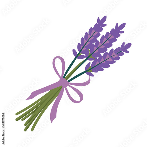 Illustration of a Lavender Bouquet Tied With a Ribbon on White Background