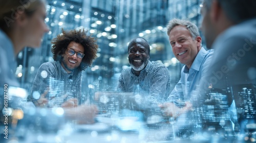 Group of business people during brainstorming discussion with data overlay. A group of people is sitting around a table and having conversation. The data is overlaid in blue color.