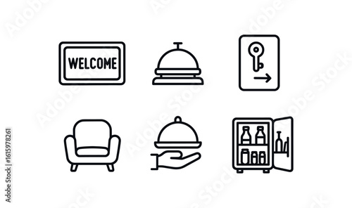 straight perfect stroke icon mono icons style isolated hospitality welcome mat hospitality concier hospitality guest keycard hospitality loun ing hospitality room service tray hospitality