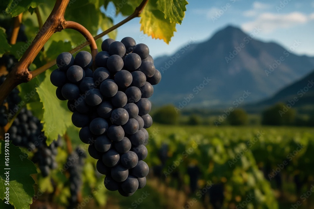 Fototapeta premium A Vineyard at Dusk with a Cluster of Dark Grapes Hanging Over the Rolling Hills and Mountains