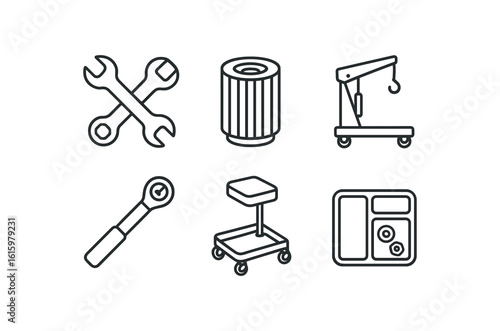 straight perfect stroke icon mono icons style isolated mechanic wrench mechanic oil filter mechanic engine hoist mechanic torque wrench mechanic creeper mechanic parts tray