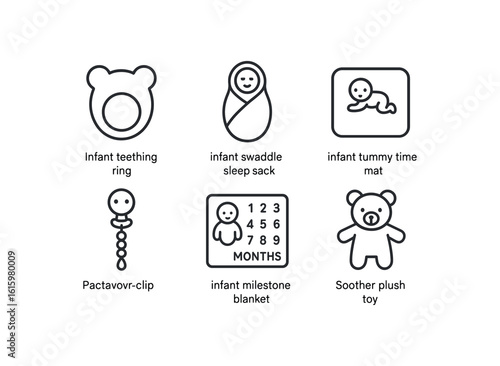 straight perfect stroke icon mono icons style isolated infant teething ring infant swaddle sleep sack infant tummy time mat infant pacifier clip infant milestone blanket infant soother