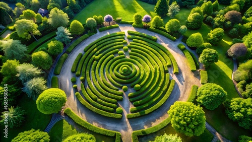 Photo of an aerial view of a beautifully manicured formal garden maze with lush green hedges and trees under sunlight