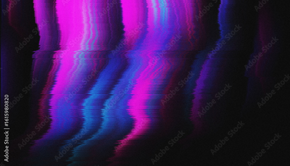 Naklejka premium Abstract neon glitch background with vivid pink and blue wave distortions on black. Ideal for edgy digital branding, techno events, or underground album covers. Dust, film grain, noise effect texture