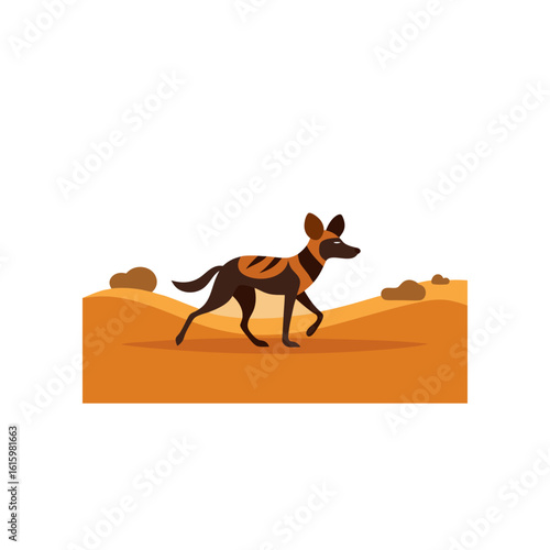 african wild dog trotting across dusty trail