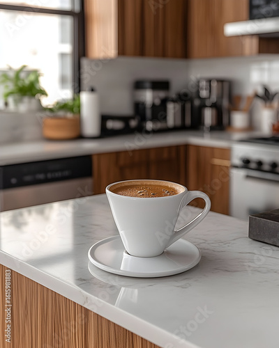 A white coffee cup on a saucer sits on a kitchen counter.