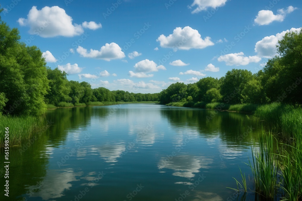 Fototapeta premium A Serene Lake Under a Clear Blue Sky with Fluffy White Clouds