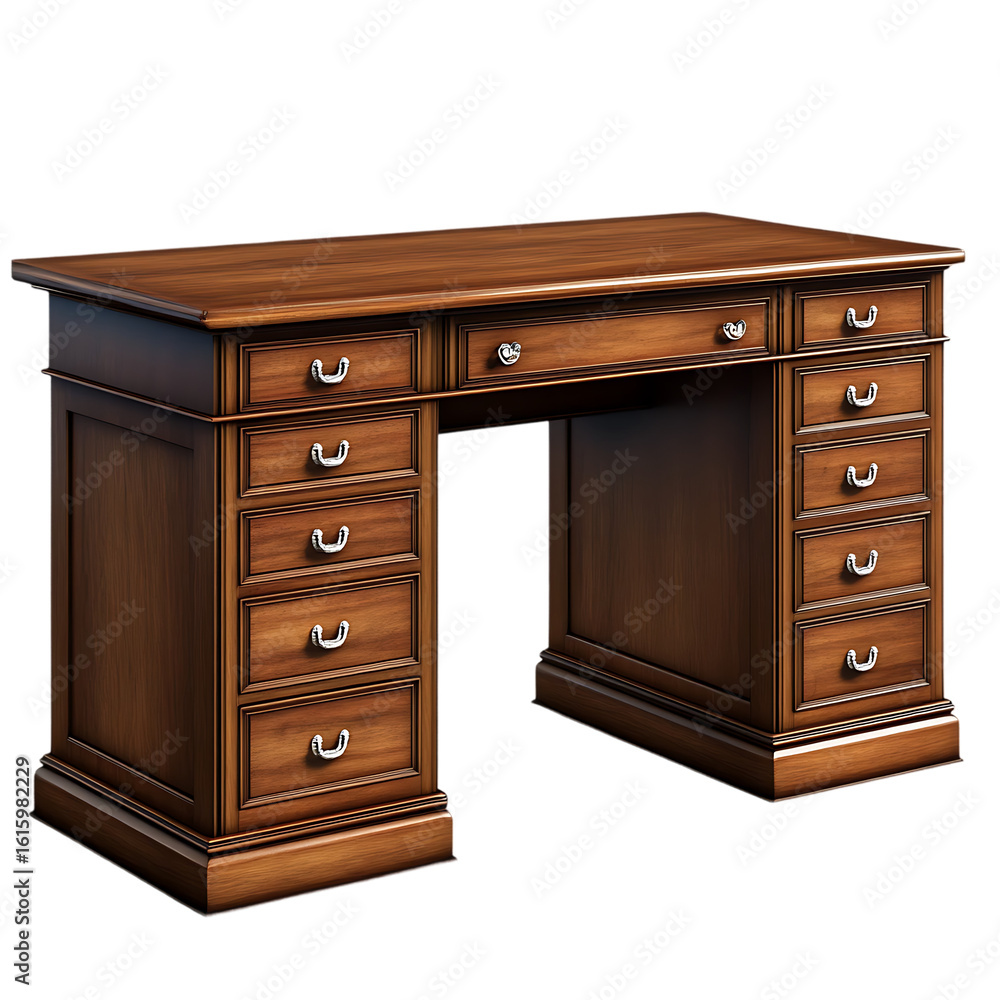 Fototapeta premium Elegant Dark Wood Executive Desk: Rich Mahogany Finish, Multiple Drawers, Polished Surface, Classic Design, Professional Office Furniture.