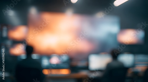 Wallpaper Mural blurred image of a digital projection room with blurred motion visuals, glowing monitors, and students editing film on screens. Dreamy and tech-focused Torontodigital.ca