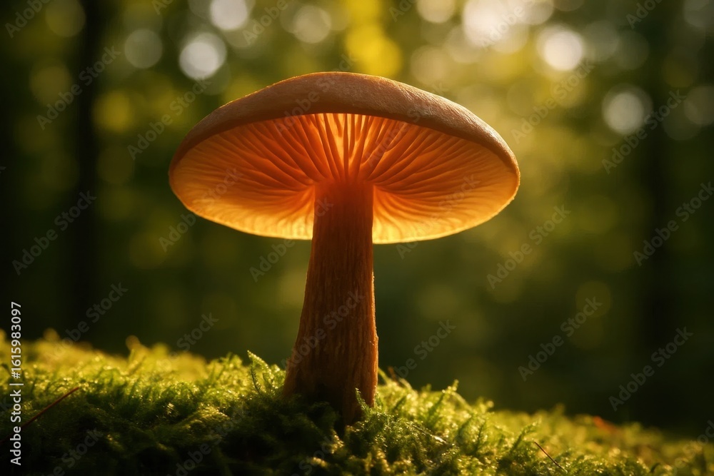 Fototapeta premium A lone mushroom stands as a sentinel in the forest's embrace, its cap glowing with an ethereal light that dances on the dew-kissed grass