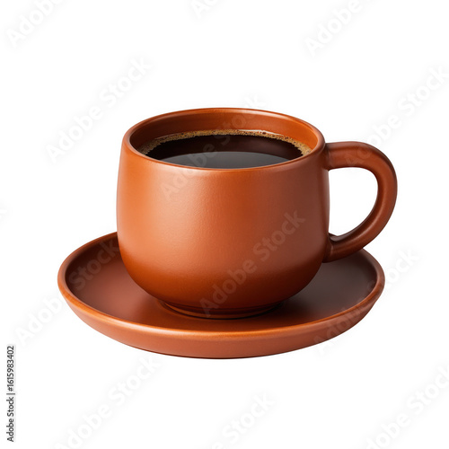 Brown ceramic coffee cup and saucer isolated on transparent background