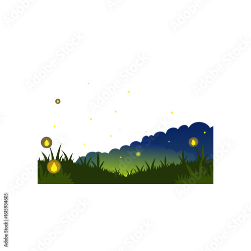 fireflies glowing above a summer meadow at dusk