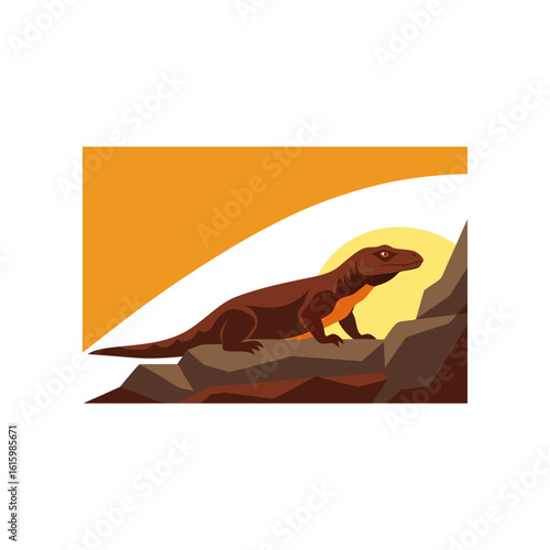 komodo dragon basking under rocky sunlit ledge