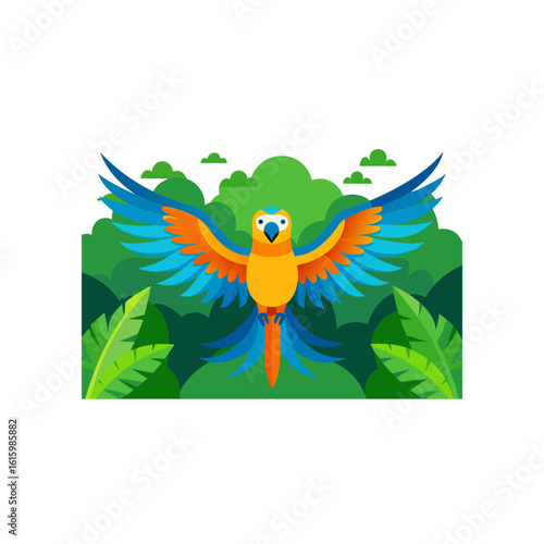 macaw spreading wings on jungle perch