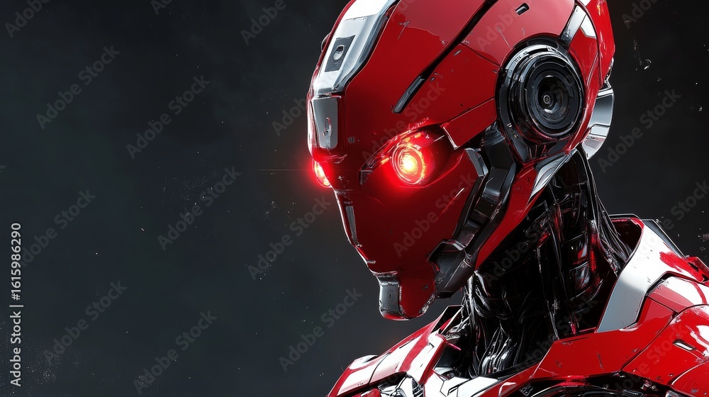Fototapeta premium A red and silver futuristic robot with glowing eyes 