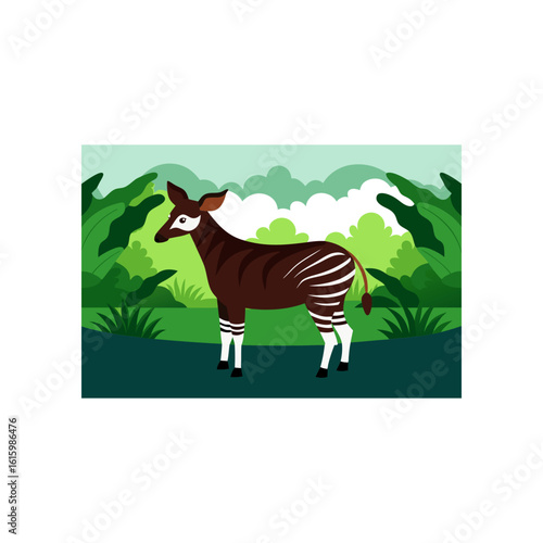 okapi standing in lush rainforest clearing