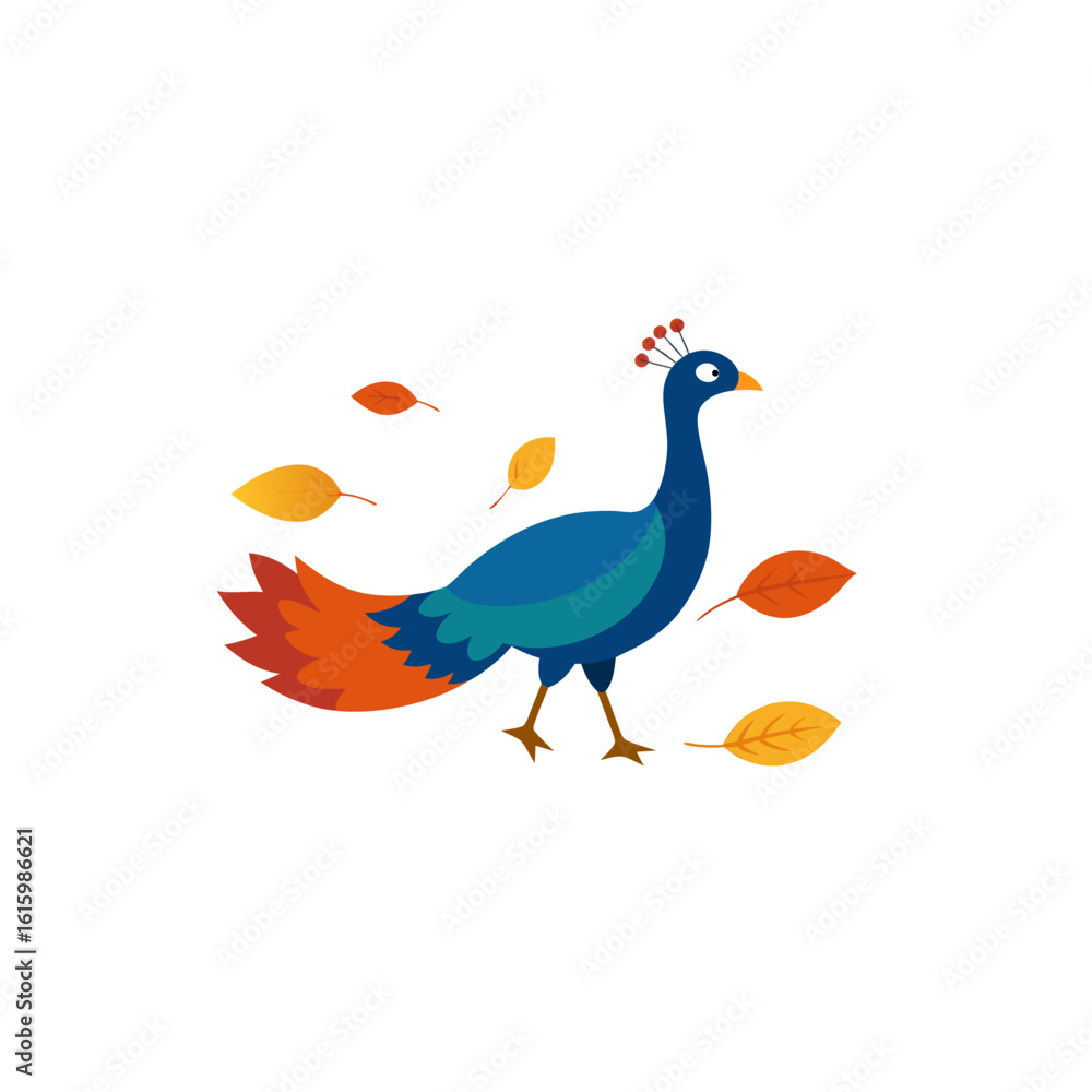 Obraz premium peacock walking through fallen autumn leaves