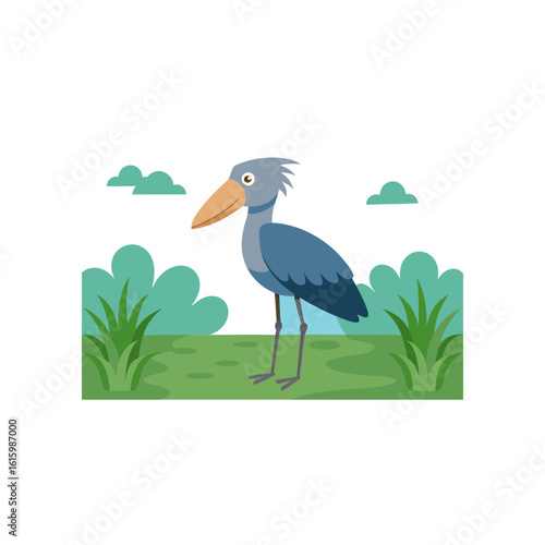 shoebill stork staring motionless in swamp