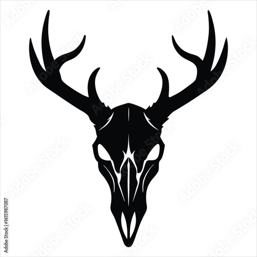 Detailed black silhouette of a deer antlered skull isolated on white background