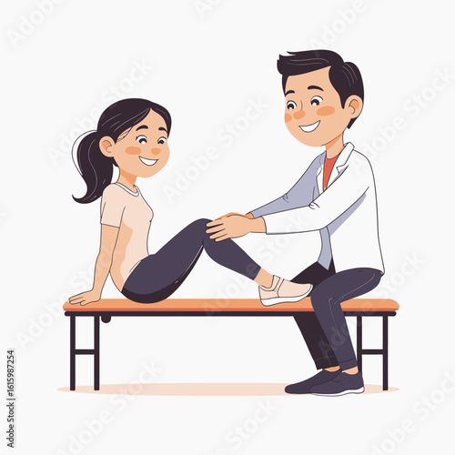 A doctor examines a patients knee while they sit on a wooden bench