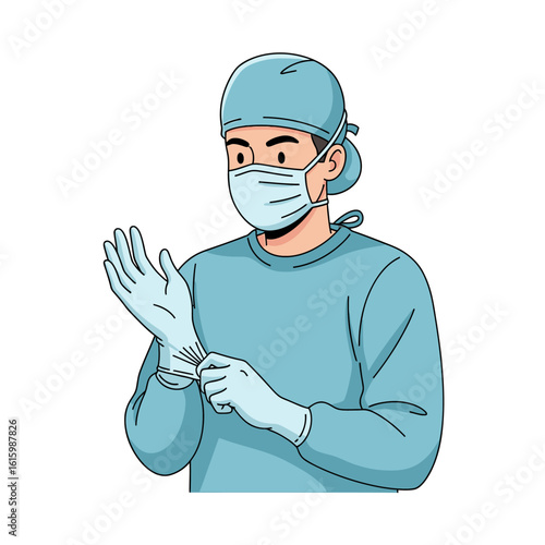 Cartoon drawing of a surgeon putting on gloves