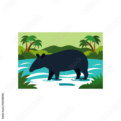 tapir wading through rainforest stream