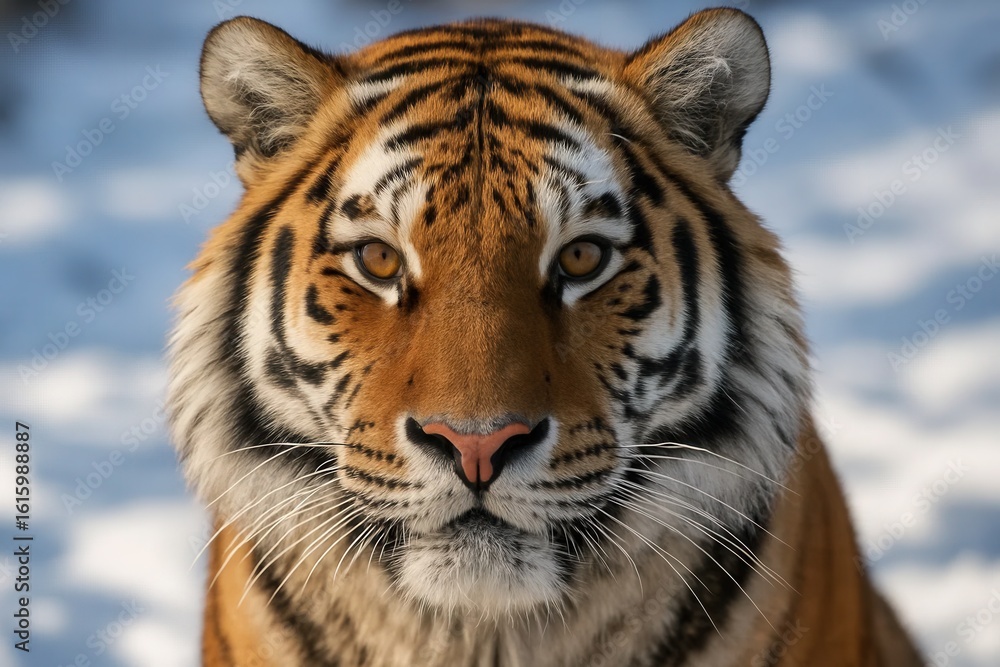 Obraz premium A majestic tiger gazes into the distance, its striking orange fur contrasting against a serene snowy backdrop