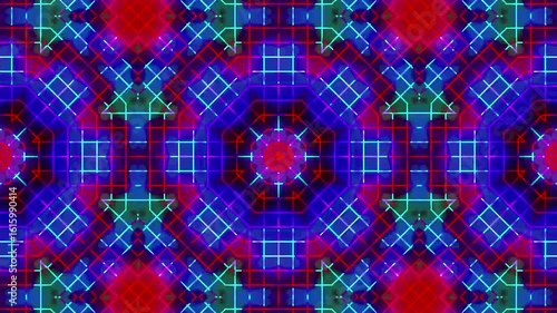 Colorful animation with vibrant neon grid lines forming symmetrical kaleidoscope patterns in pink, blue, and red tones.