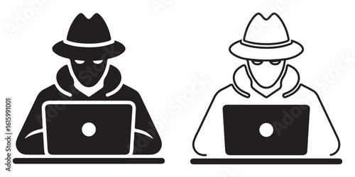 Hooded Hacker Silhouette with Laptop – Cybercrime, Hacking, and Digital Threat Vector Icon