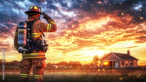 Brave firefighter salutes at sunset with dramatic clouds overhead, showcasing dedication to duty and the beauty of emergency response in vibrant colors.