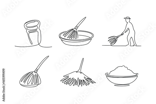 Whisking bowl person with rake broom and pile of flour line art
