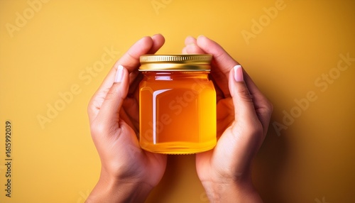 hands presenting a bright honey jar against a cheerful background with plenty of copy space