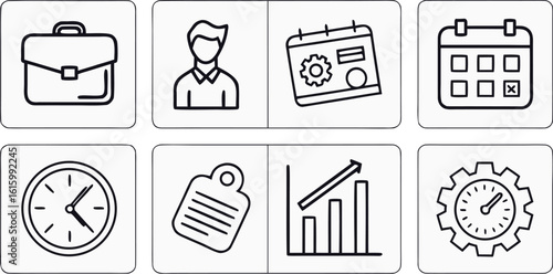 "Minimal bold black outline business icons — briefcase, clock, calendar, user, settings — consistent stroke weight, clean grid layout, vector EPS format"