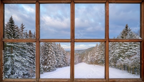 a wooden window frame with six panes offers a view of a snowy landscape featuring pine trees and a cloudy sky