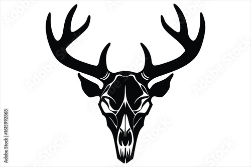 Detailed black silhouette of a deer skull with large antlers isolated on white background