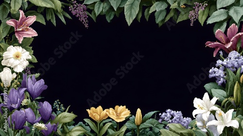 floral pixel art garden frame, on black background 