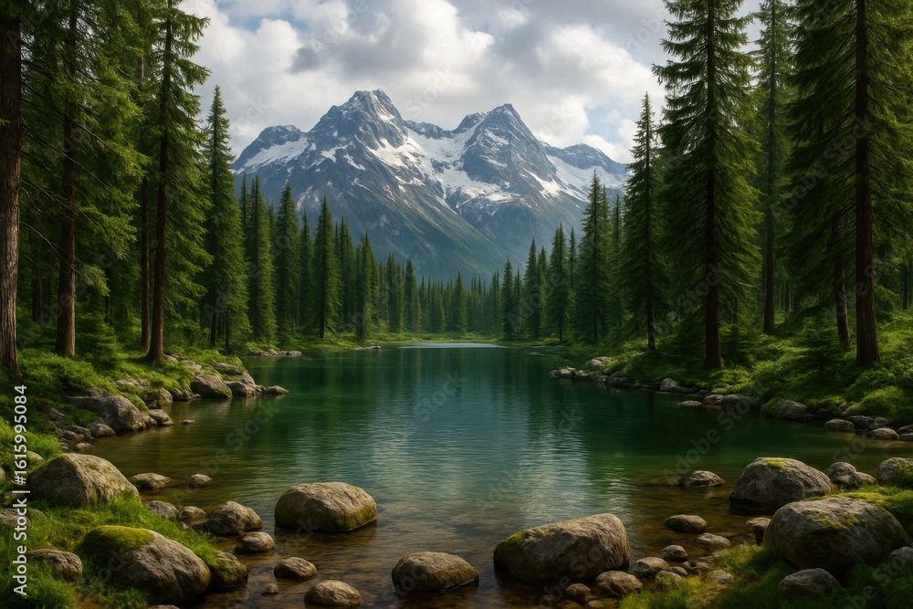 Obraz premium A Serene Lake Surrounded by Towering Pines and Snow-Capped Mountains Under a Cloudy Sky