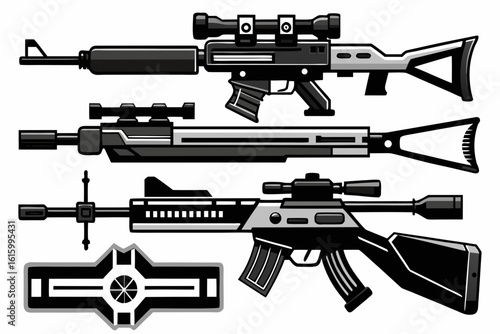 Here's a concise description:

Automatic rifle weapon with ammunition, a vector illustration of a military firearm silhouette