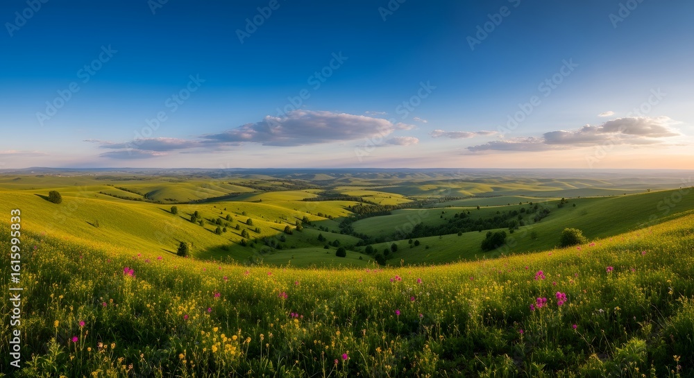 Rolling green hills with wildflowers under a blue sky 1 Rolling green hills with wildflowers under a blue sky 1