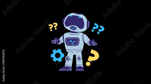 Confused Robot Character With Question Marks And Gear Symbols Illustration