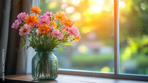 Wallpaper Mural A bouquet of pink and orange flowers in a glass vase sits on a windowsill. Torontodigital.ca