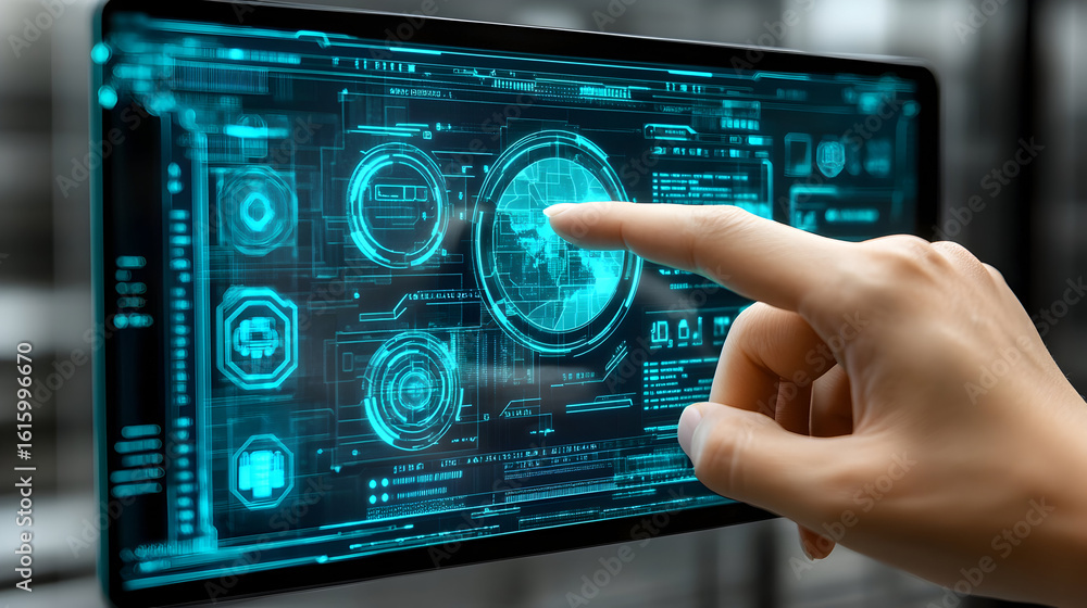 Fototapeta premium A person's hand interacting with a digital touchscreen interface displaying various data points and icons.