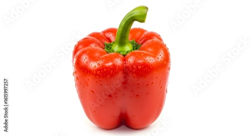 A close up shot of a vibrant red bell pepper with water droplets on its skin against a white background
